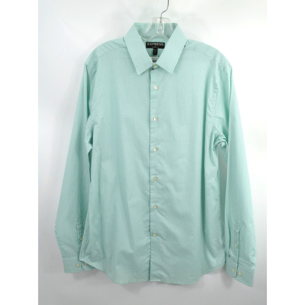 Express Mens Modern Fit Dress Shirt Medium Green Polka Dot Long Sleeve NWT